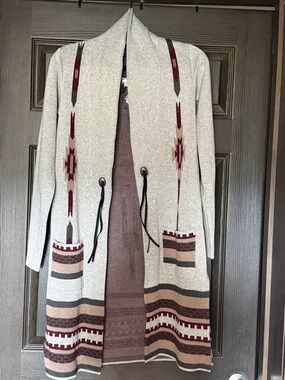 Women's Gray Open-Front Cardigan with Burgundy Aztec Trim